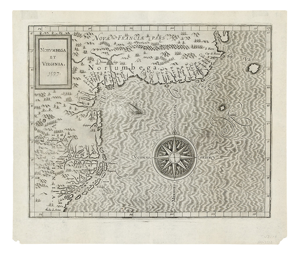 WYTFLIET, CORNELIS. Norumbega et Virginia. 1597.